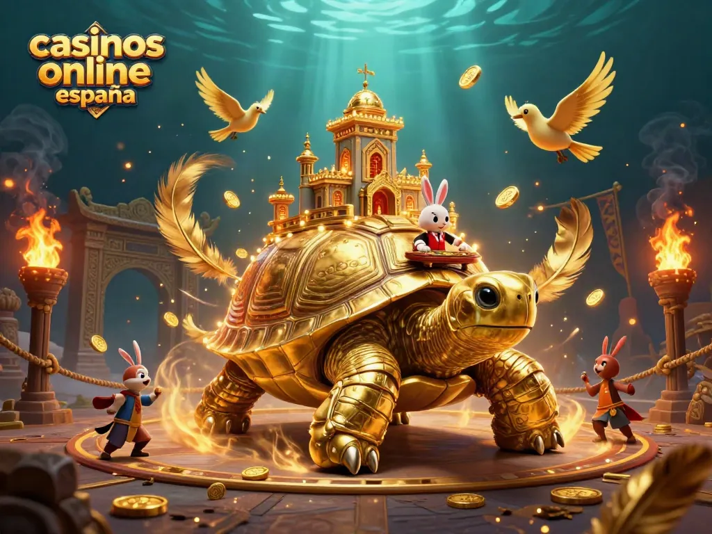Visualiza casinos online España con una tortuga dorada y un crupier de conejo en un emocionante entorno de juego.