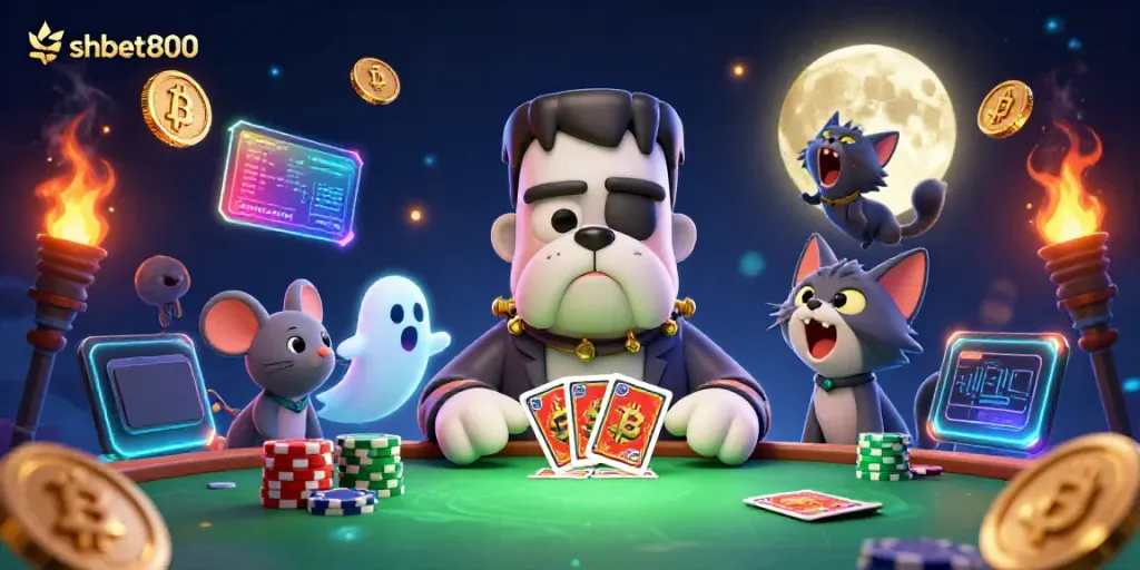 Engaging illustration of shbet800, featuring a Frankenstein bulldog monster dealing cards amid spooky casino elements.