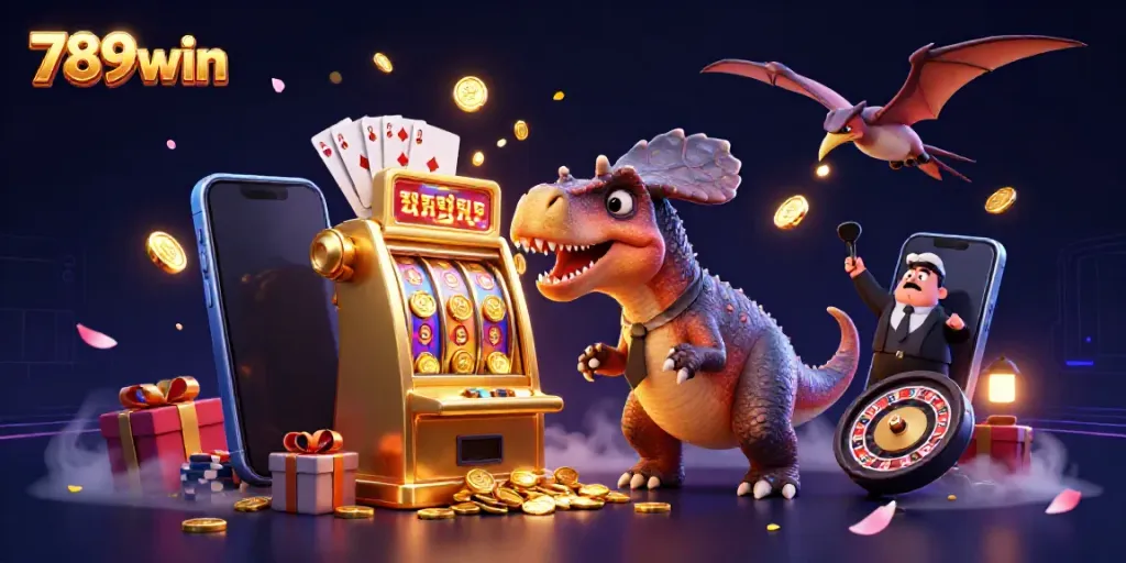 Experience thrilling wins as 789win's pachycephalosaurus jacks the slot machine, unleashing golden coins.