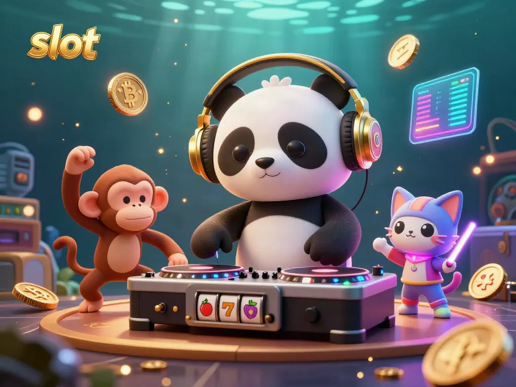 Spinning on slot machine reels, the DJ panda entertains while coins and symbols glow.