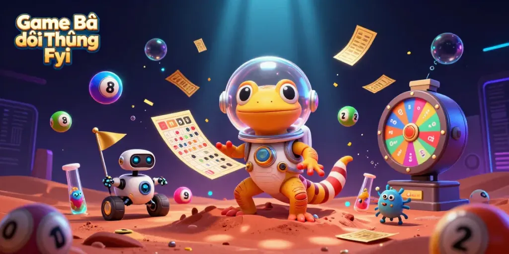 Experience the excitement of Game Bài Đổi Thưởng Fyi with a Martian gecko exploring a golden casino.