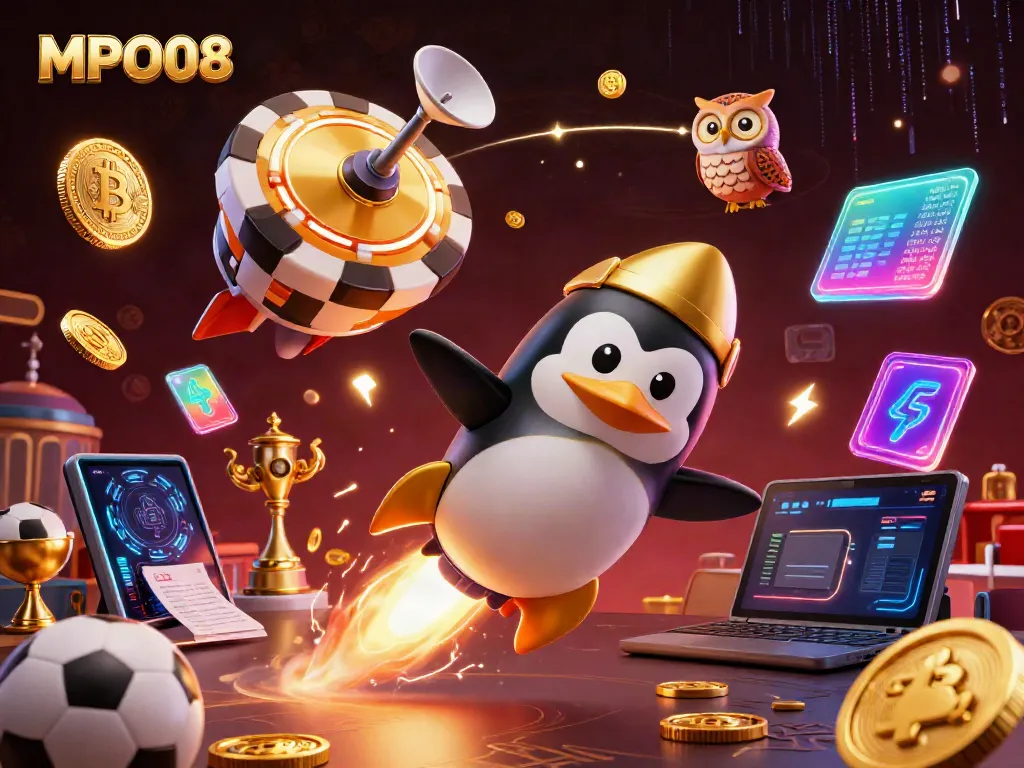 Place bets on MPO08 as a golden penguin rockets towards the casino space station.