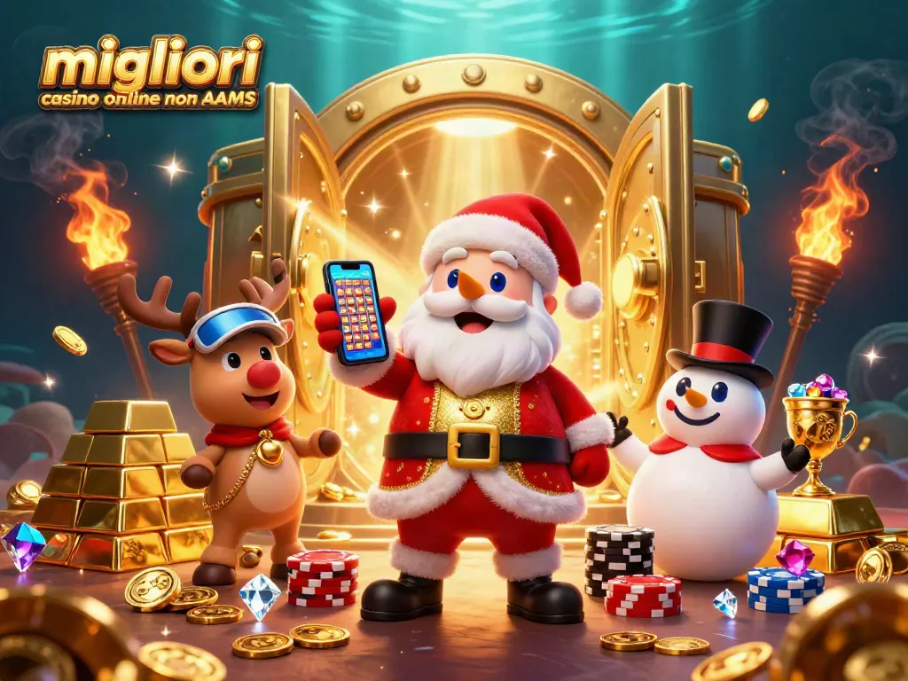 Migliori casino online non AAMS, Babbo Natale e amici in un casinò d'oro animato.
