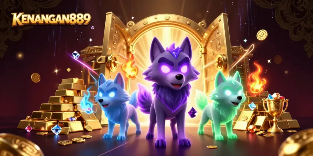 Spin the reels at KENANGAN889, showcasing an energized casino atmosphere with wolves and treasures.