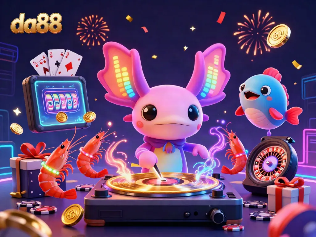 Engage with the vibrant da88 universe as the neon-colored axolotl DJ spins golden records in a dynamic casino-themed underwater celebration.
