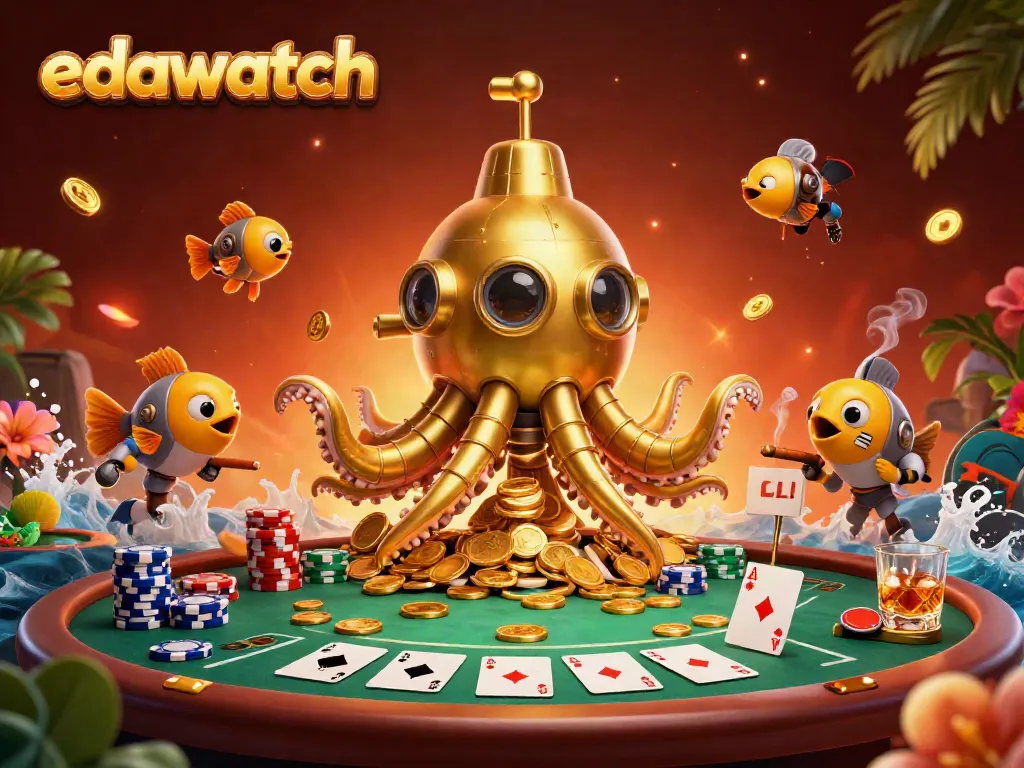 Experience the thrilling edawatch gameplay with a golden kraken submarine amidst poker elements and rich visuals.