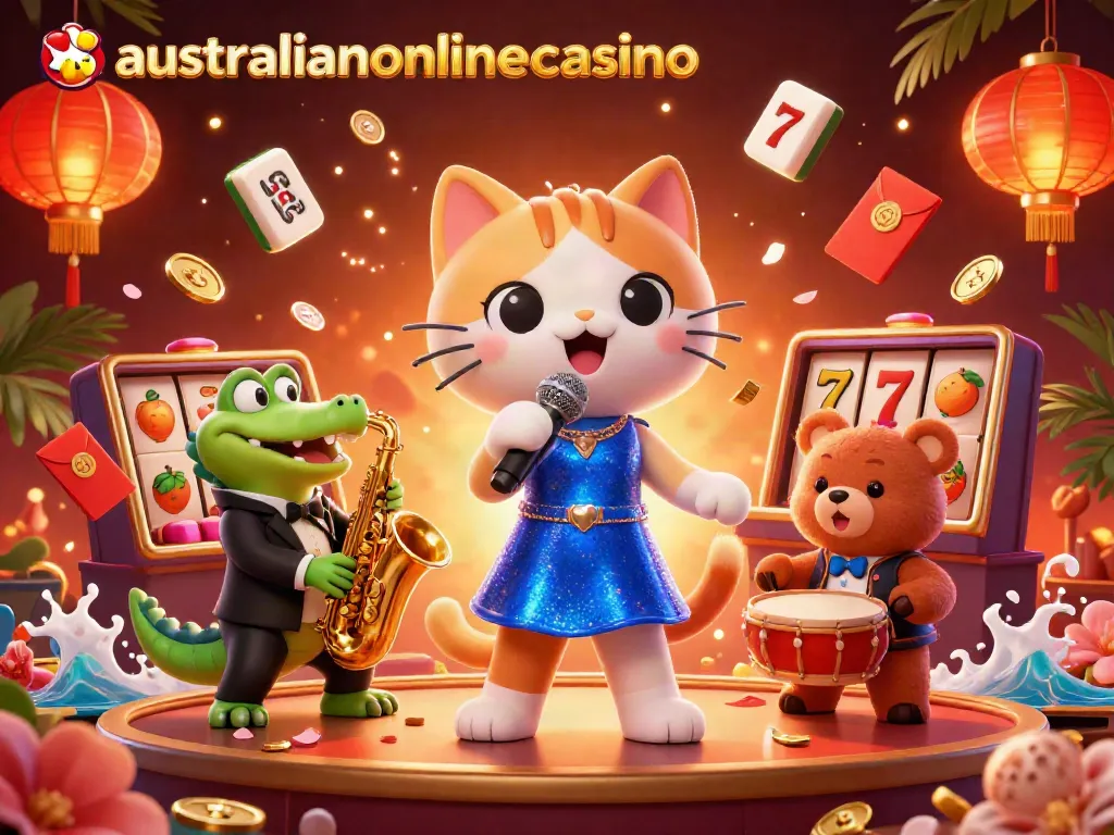 Experience the excitement of australianonlinecasino with vibrant characters and casino games in a lively scene.