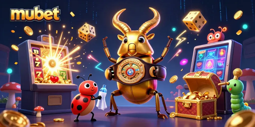 Engage with the vibrant mubet scene featuring a golden stag beetle boxing, surrounded by casino elements.