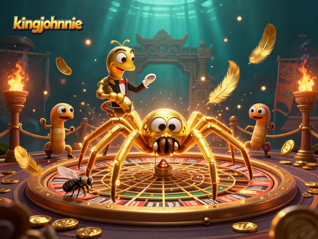 Experience the thrill of kingjohnnie casino games with a vibrant scene of playful characters and rich elements.