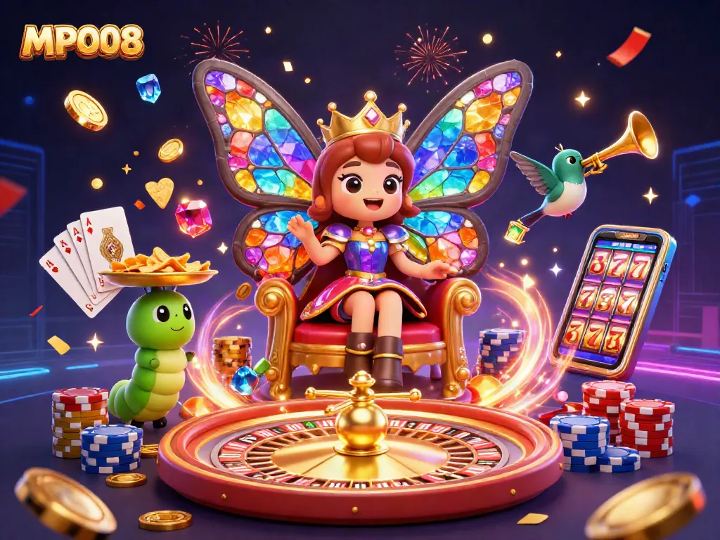 MPO08 captivates with a vibrant digital casino scene featuring a butterfly queen, poker chips, and stunning game elements.