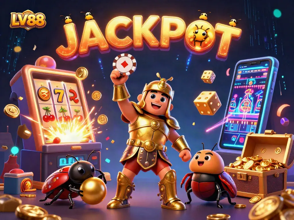 Experience LV88 with a stunning 3D illustration of a heroic beetle celebrating a massive jackpot.