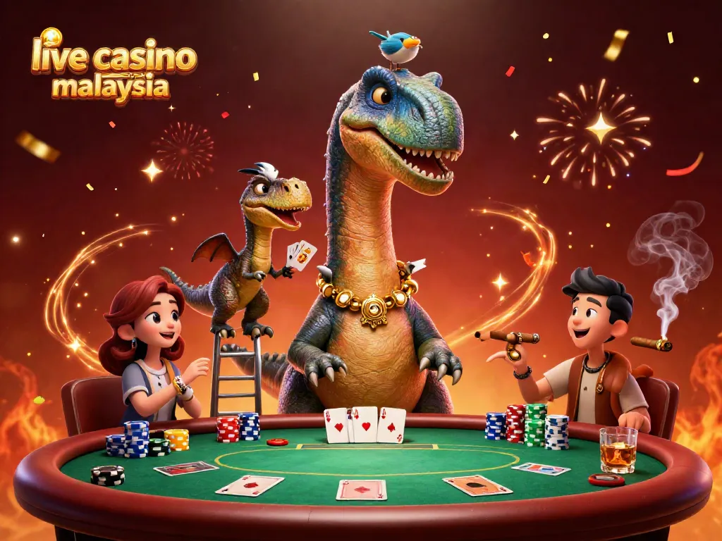 Engage with live casino online Malaysia as a clever raptor deals cards from a giant brontosaurus amidst festive casino elements.