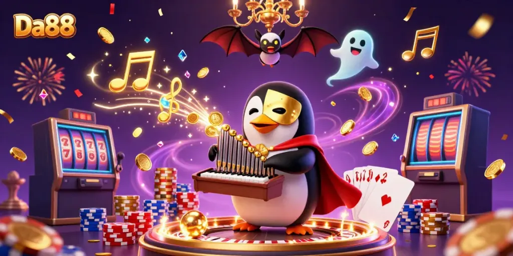 Experience the thrill of Da88 with a vibrant casino scene featuring a penguin playing an organ, flying coins, and more!
