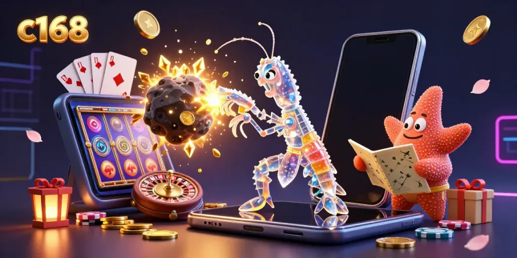 Engage with the dynamic action of c168 featuring a galactic mantis shrimp amidst golden coin explosions and slot game elements.