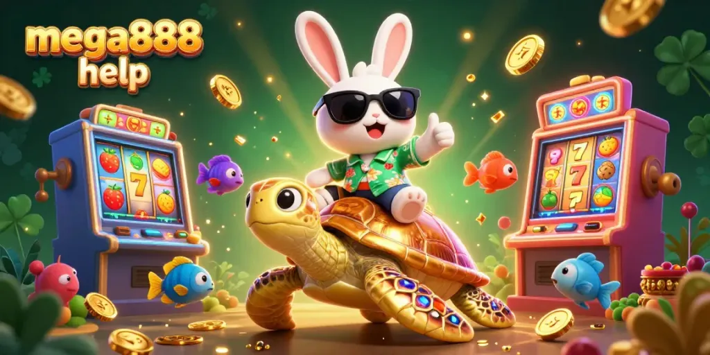 Experience exciting mega888 help with vibrant slot machines and charming characters in an energetic casino scene.