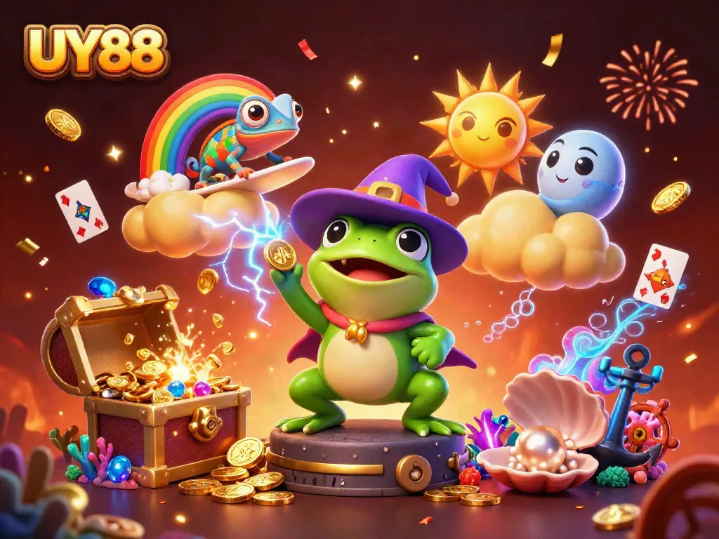 Experience the excitement of UY88 with a vibrant 3D scene filled with coins, characters, and dynamic casino elements.