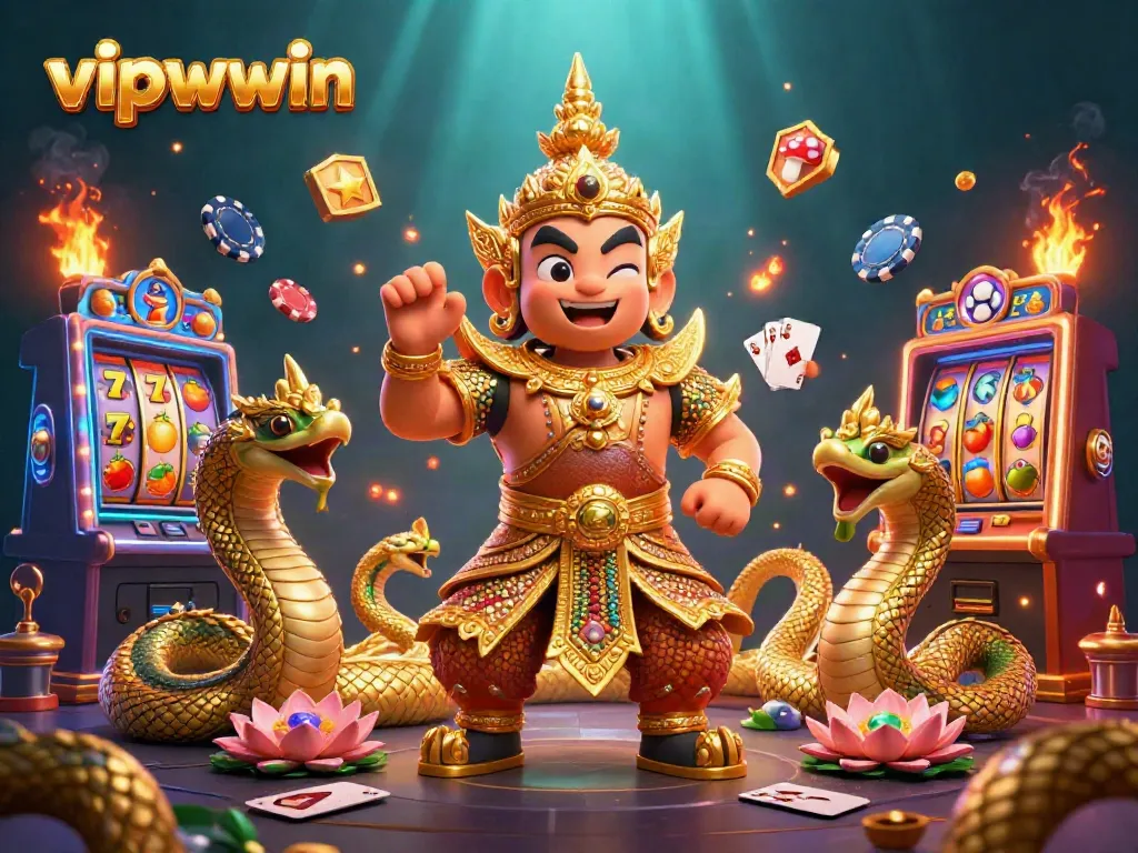 Spin the reels of vipwwin with a vivid scene of a Thai guardian and dynamic slot games.