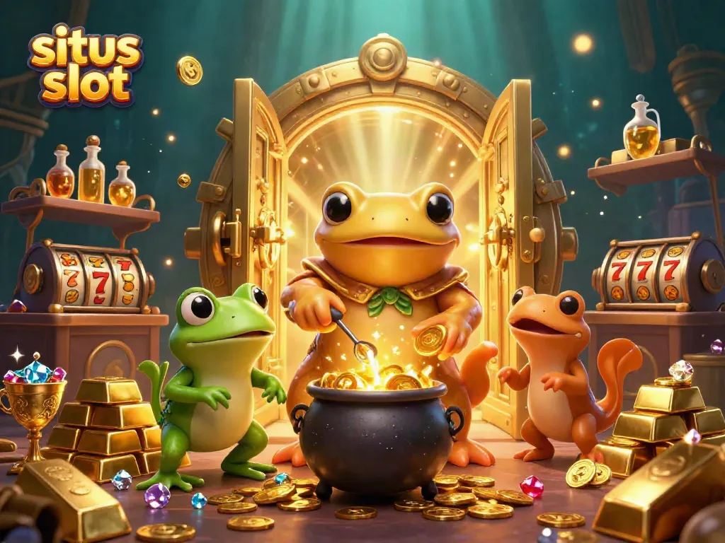 Situs slot illustration showcasing a giant golden salamander alchemist in a vibrant gambling-themed laboratory.