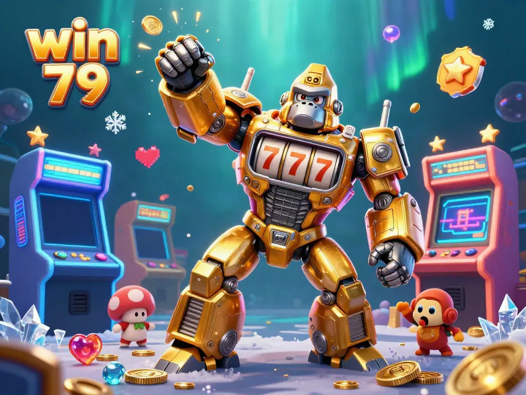 Experience thrilling gameplay with win 79's golden gorilla mech surrounded by vibrant casino gaming elements.