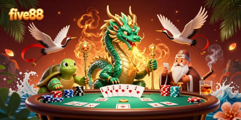 Experience the excitement of five88 with a dynamic casino scene featuring a jade dragon and poker elements.