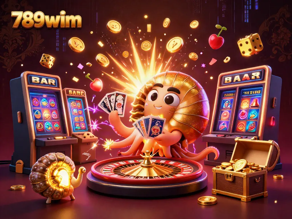 Experience thrilling casino action with 789wim's vibrant 3D illustration filled with excitement.