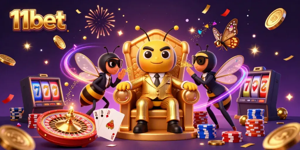 Engage thrilling games with 11bet in a vibrant casino scene featuring a mob boss, bodyguards, and sparkling jackpots.