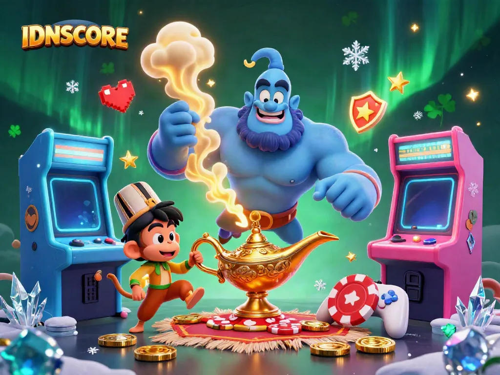 Experience the excitement of IDNSCORE with our vibrant casino-themed 3D illustration featuring a genie and poker chips.