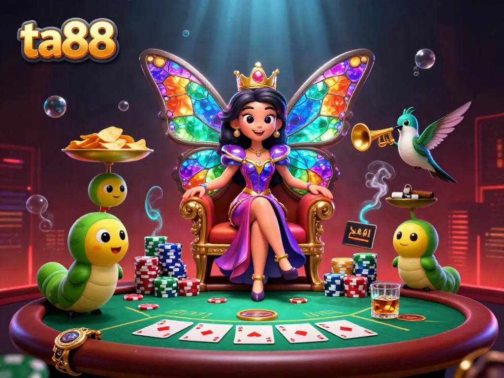 Experience thrilling gameplay at ta88 with a dazzling butterfly queen and vibrant casino elements.