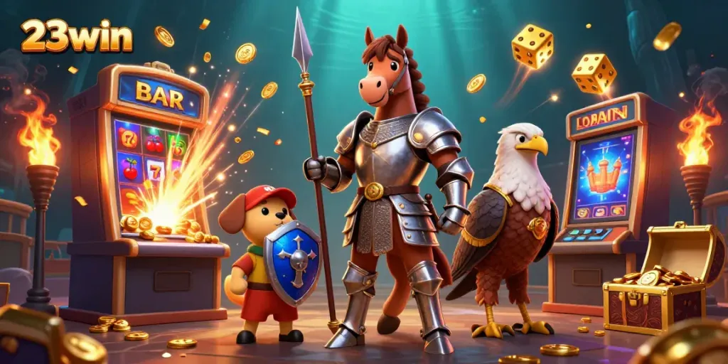 Engage in an epic casino adventure with 23win as a knight, puppy, and falcon amidst thrilling slots and jackpot bursts.