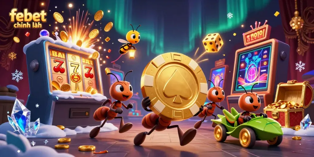 Experience the excitement of febet chính hãng with a 3D heist scene of ants and a jackpot explosion.