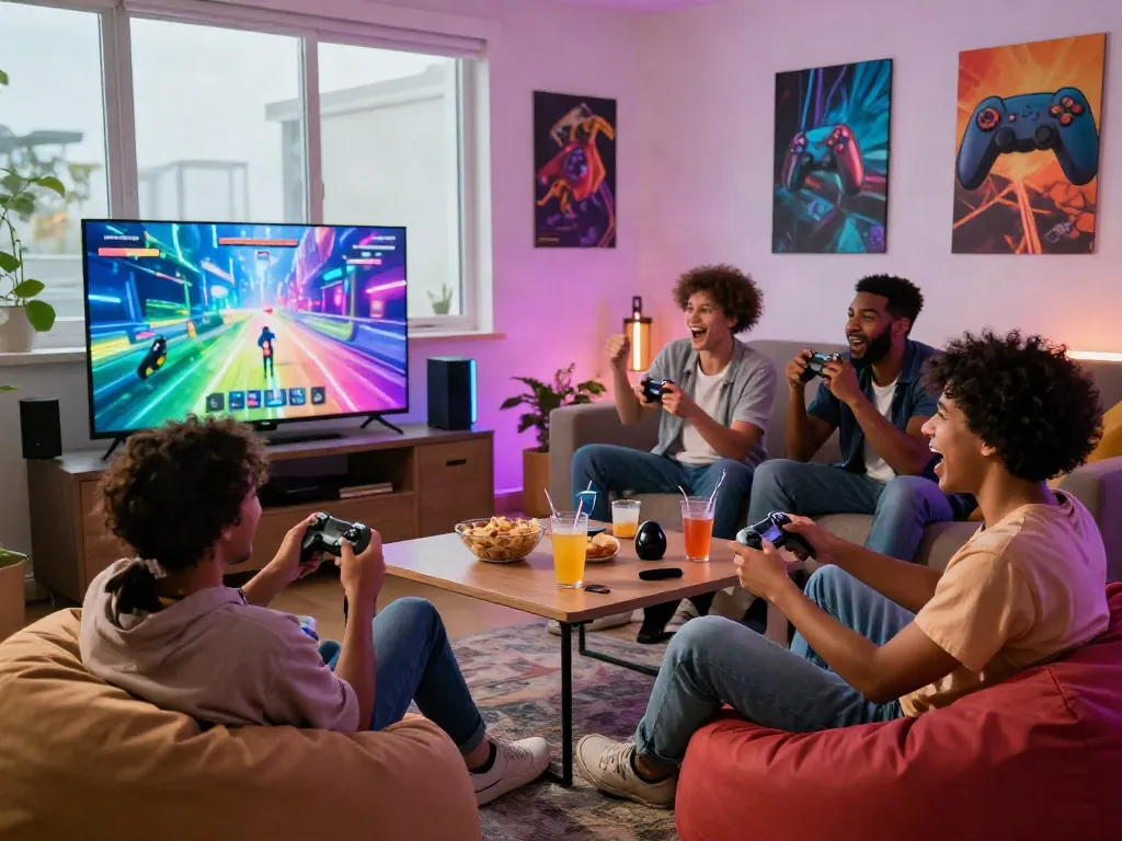 Friends enjoying an engaging gaming night with rokok88 console setup, vibrant atmosphere, and cozy seating arrangement.