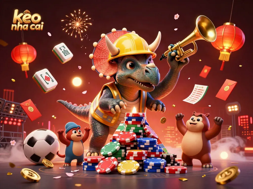 Celebrate thrilling sports betting with keo nha cai as a triceratops constructs poker chip pyramids