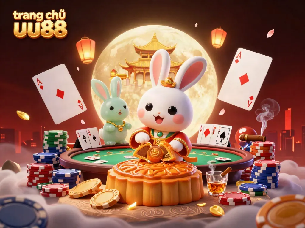 Experience exciting games at trang chủ uu88 with a vibrant illustration of a moon rabbit and poker elements.