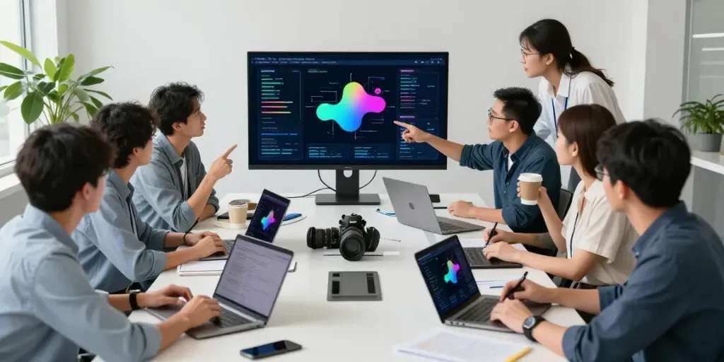 Team collaborating on enterprise AI strategy in a modern workspace, showcasing innovation.
