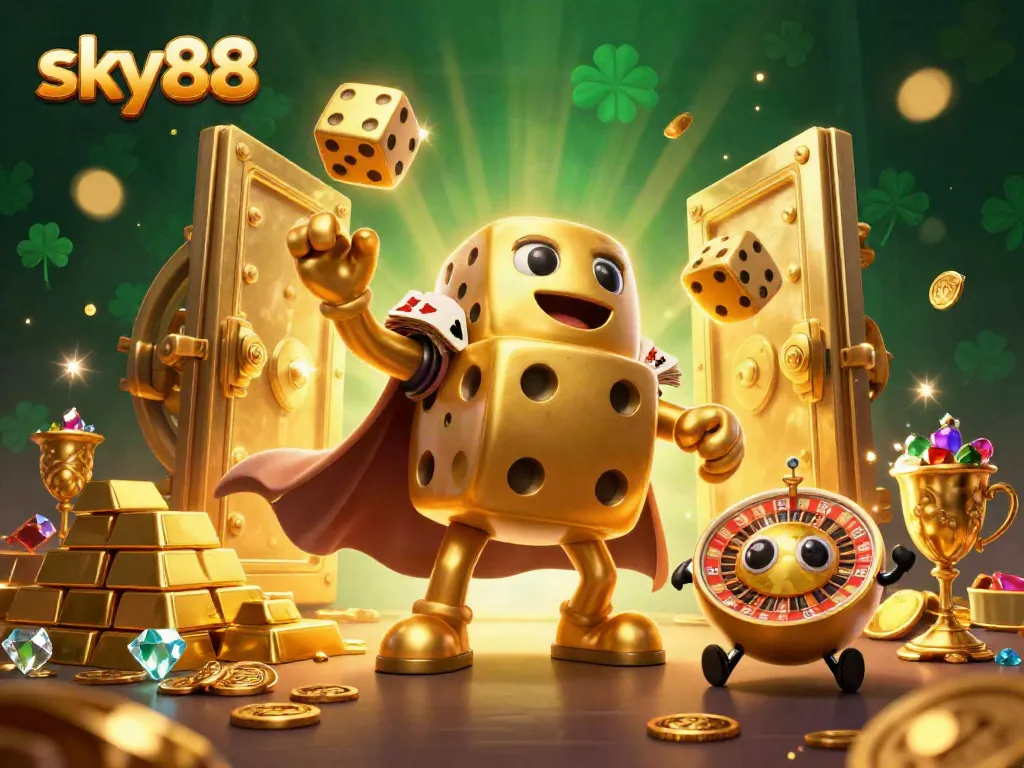 Engage with sky88's vibrant 3D casino scene featuring golden dice, gem treasures, and dynamic gambling elements.