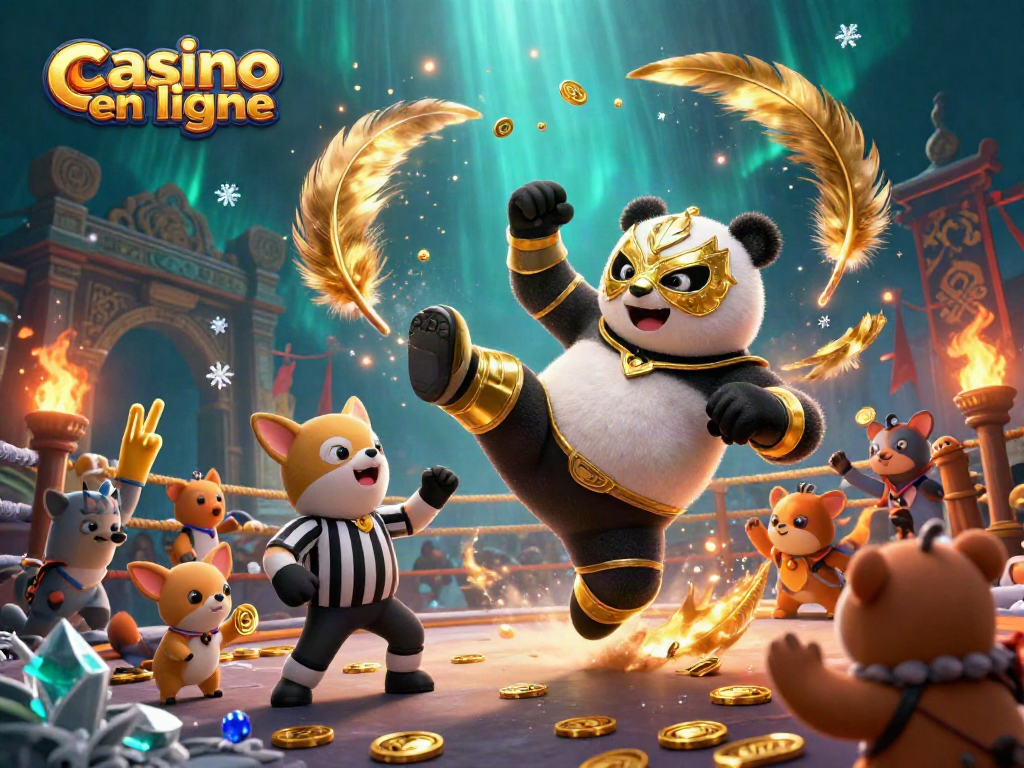 Profitez du casino en ligne avec ce spectacle dynamique de panda lutteur et animaux spectateurs.
