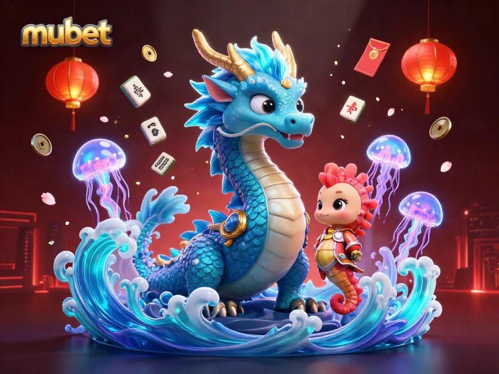Engage with mubet's vibrant online gambling scene, showcasing mascot characters and casino elements in 3D.