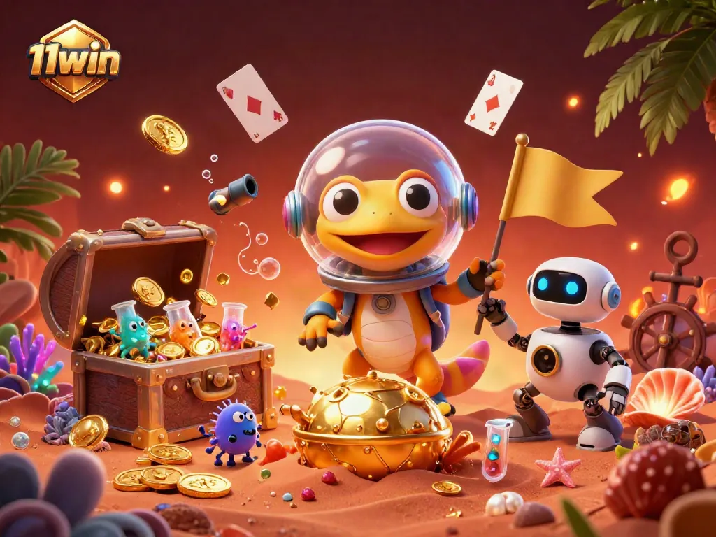 Engage in thrilling gameplay at 11win, featuring colorful treasures and cartoon characters in a vibrant casino scene.