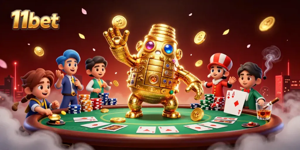 Engage in thrilling gameplay at 11bet's vibrant casino with golden golem and poker elements.