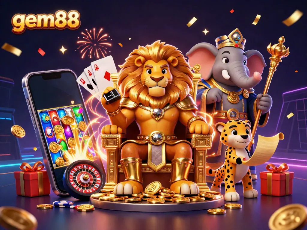 Experience thrilling wins at gem88 with an energetic illustration of casino characters and games.