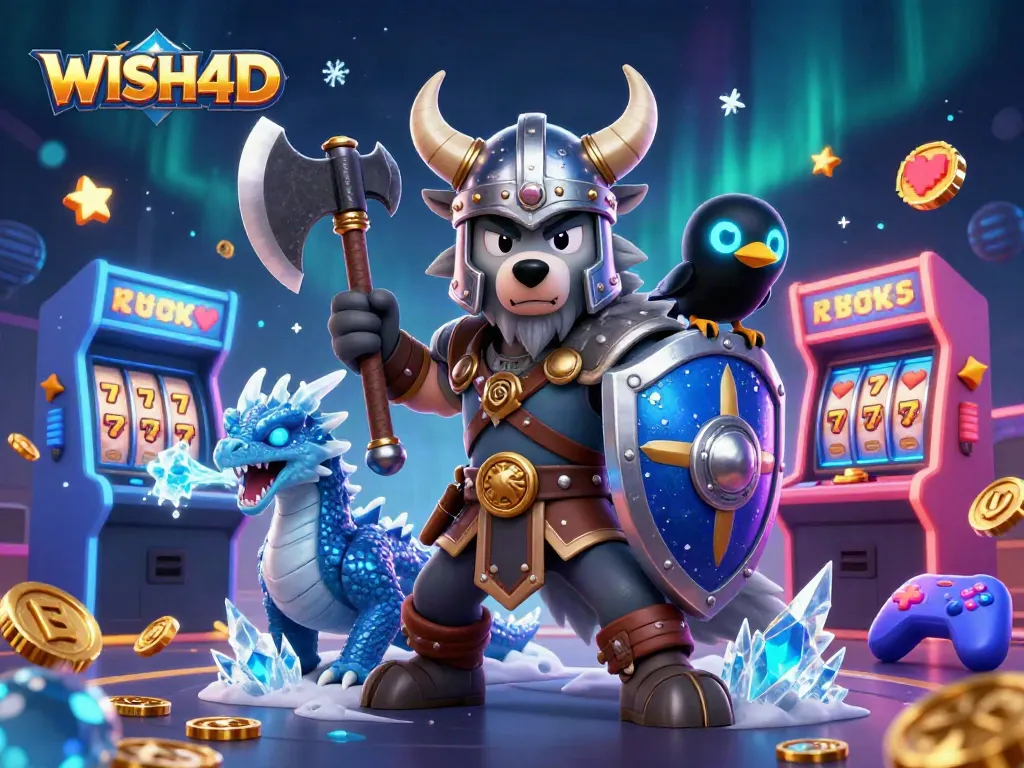 Engage in thrilling gameplay at WISH4D with vibrant 3D characters and exciting slot machine elements.