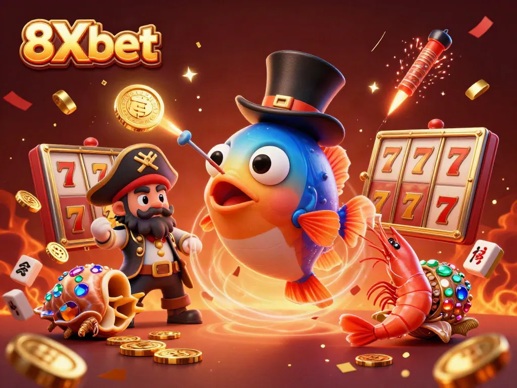 Experience the gaming world of 8Xbet with vibrant characters and casino elements in a festive underwater scene.