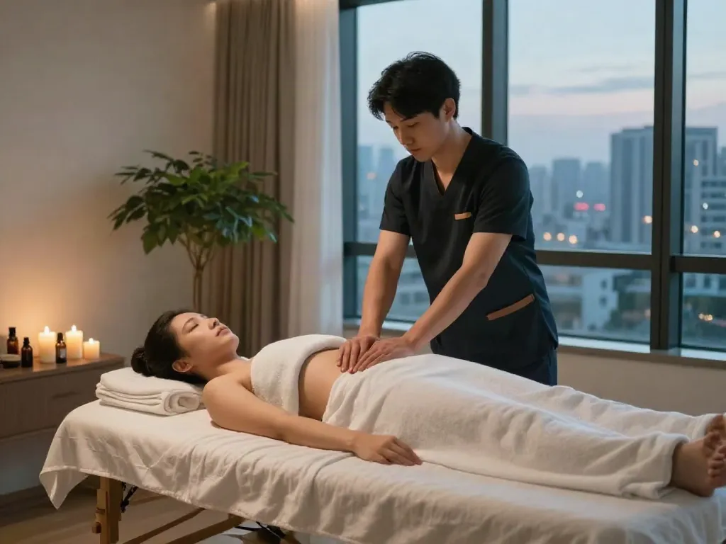 Experiencing 강남출장마사지 in a luxurious urban apartment with a serene therapist.