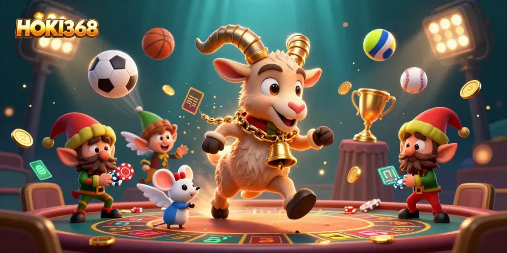 Engaging HOKI368 holiday-horror casino scene with Krampus goat, angel mouse, and elf gremlins.