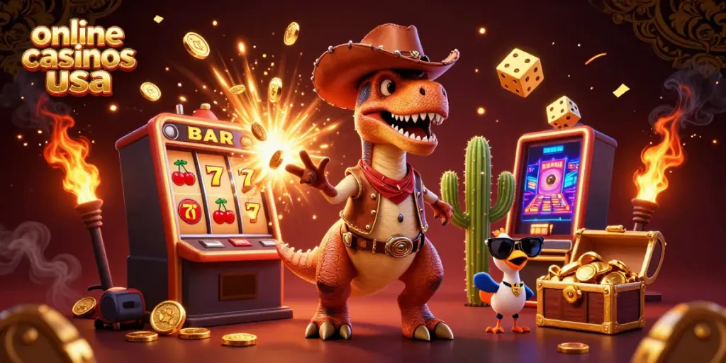 Engage with the vibrant world of online casinos usa as a cowboy dinosaur, cactus, and roadrunner celebrate a jackpot.