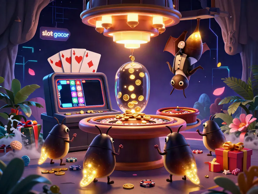 Engage with slot gacor in a vibrant cave casino scene filled with animated glowworms, gold coins, and iconic gaming elements.