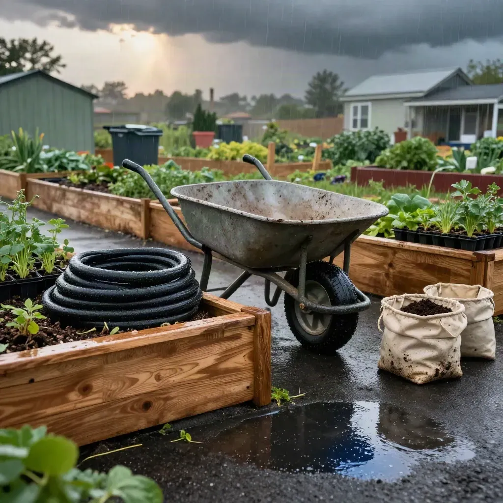 Rain-soaked community garden tools, planks, trays, and a muddy wheelbarrow after a thunderstorm.