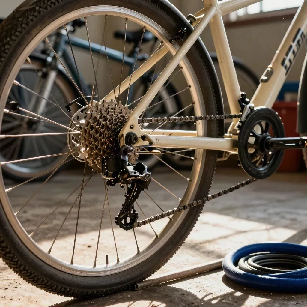 Extreme macro of a bike drivetrain on a repair stand with tubes, pump hose, and greasy rags in garage light.