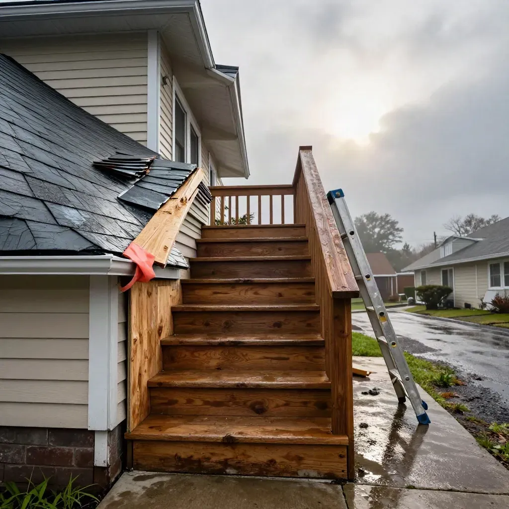 Stormy low-angle stoop repair with tarps, shingles, and a ladder.