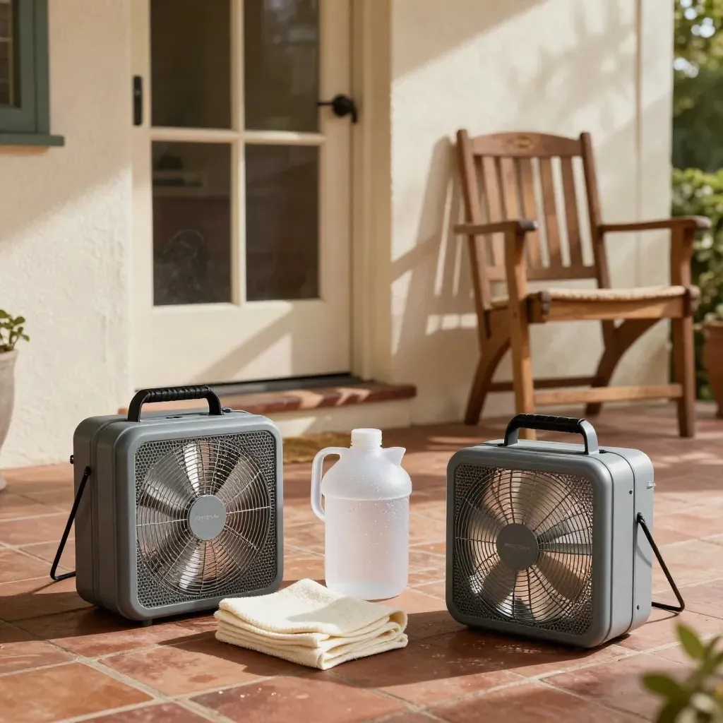 Box fans, water jugs, folded towels, and a shaded porch chair ready for heat relief.